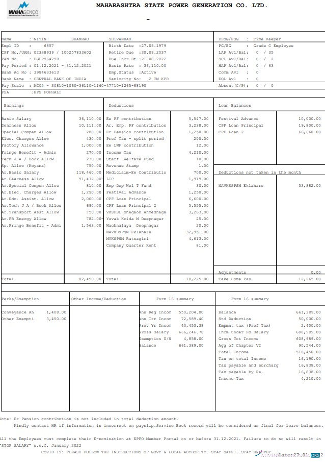 Download Maharashtara State Power generation Co. Paystub Photoshop template